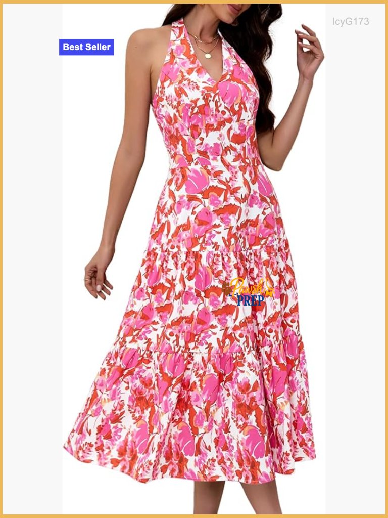 Floral Maxi Dress Halter A-Line Tiered Boho Summer Casual Vacation
